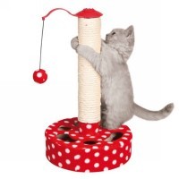 Poste Rascador de felpa rojo con topos blancos para gatos